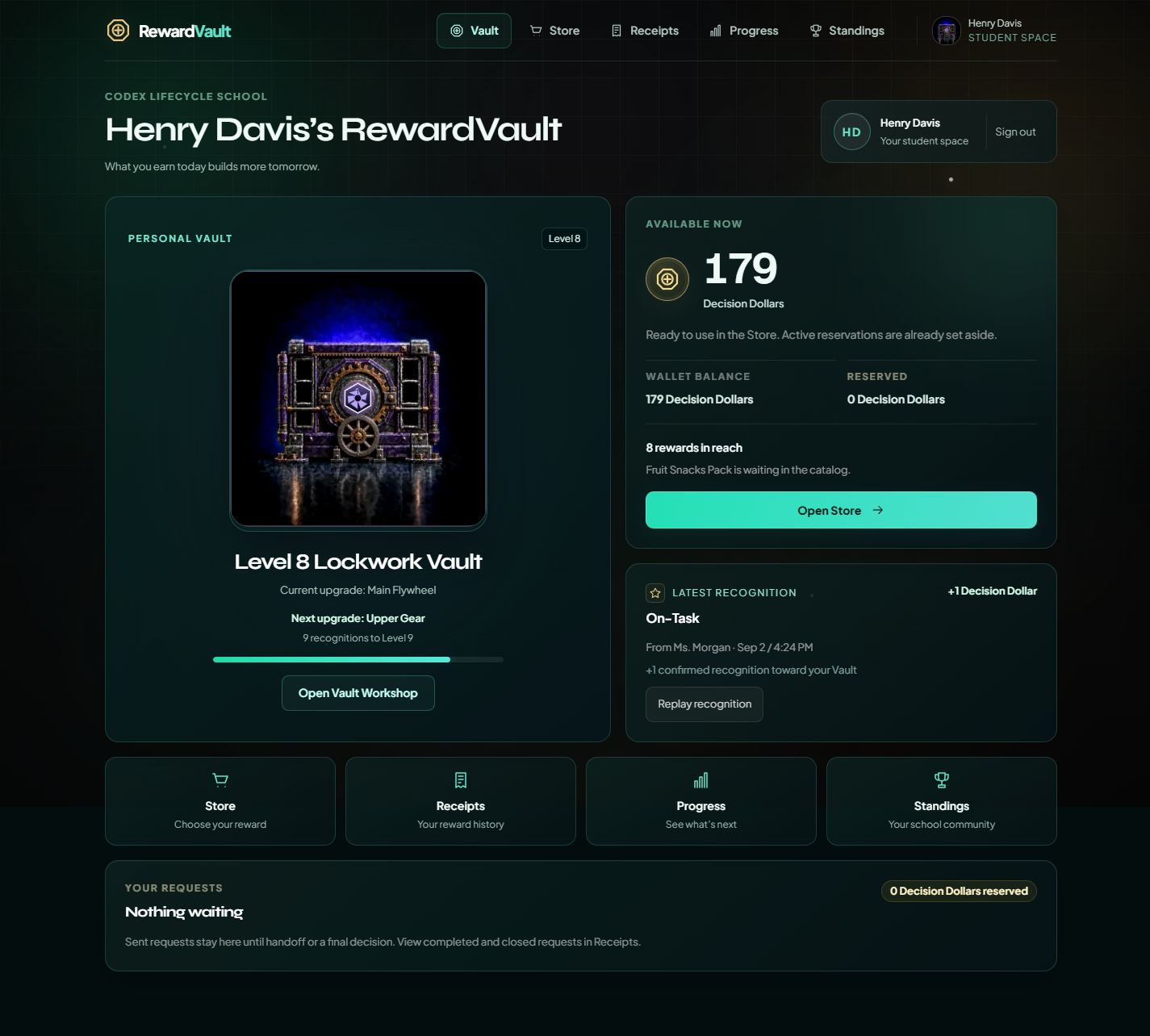 RewardVault student Wallet in the local sample school, showing a Level 8 Vault, available balance, recognition and reward shortcuts